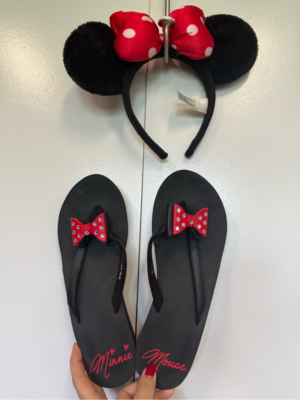 Disney Minnie Mouse Flip Flops and matching ears.  Halloween. Park visit
